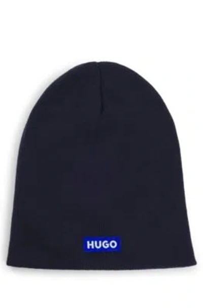 Hugo Boss Knitted-cotton Beanie Hat With Blue Logo Label In Dark Blue
