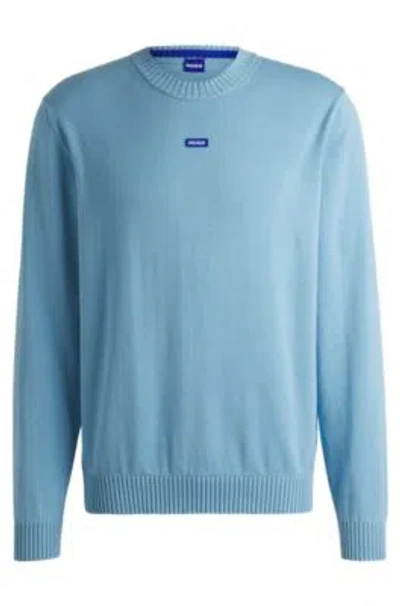 Hugo Boss Knitted-cotton Sweater With Blue Logo Label In Light Blue