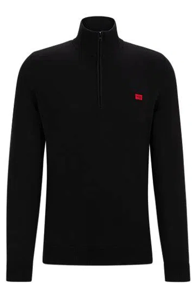 Hugo Boss Knitted-cotton Zip-neck Sweater With Logo Label In Black