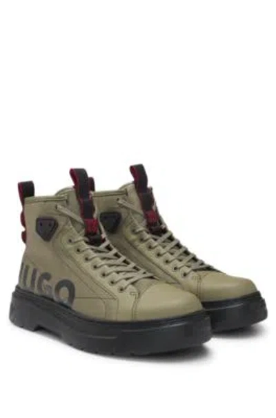 Hugo Boss Lace-up Boots With Gloss-effect Logo In Light Green