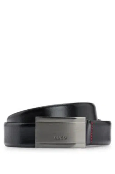 Hugo Leather Belt With Branded Gunmetal Plaque Buckle In Black