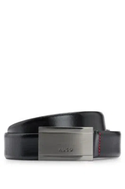 Hugo Boss Leather Belt With Branded Gunmetal Plaque Buckle In Black