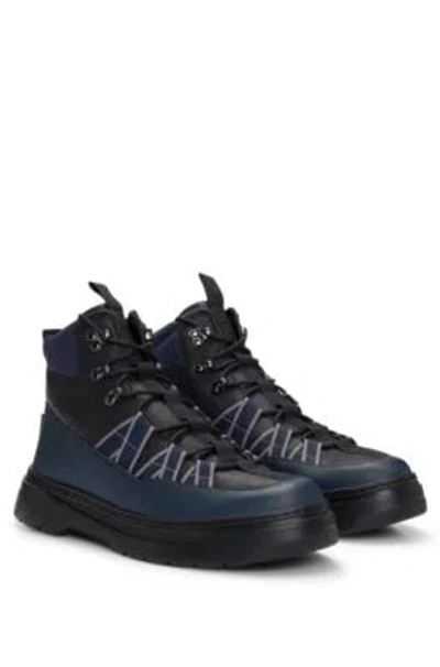 Hugo Boss Leather Boots With Textile Trims And Hiking-style Laces In Light Blue
