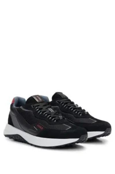 Hugo Leather Lace-up Trainers With Mesh Trims In Black