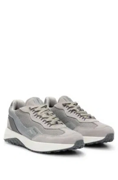 Hugo Boss Leather Lace-up Trainers With Mesh Trims In Beige