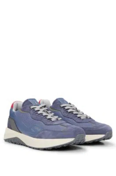 Hugo Leather Lace-up Trainers With Mesh Trims In Light Blue