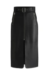 Hugo Boss Leather Midi Skirt With Zips And Belt In Black