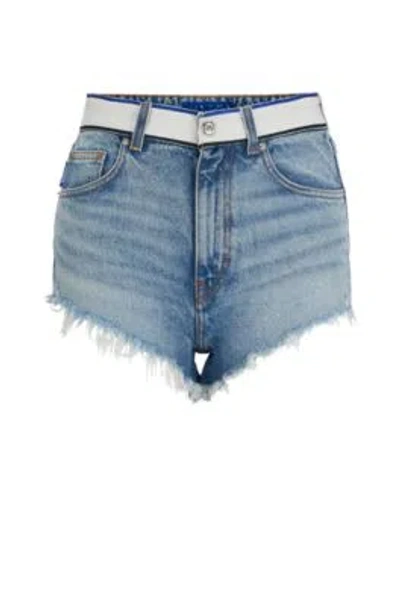 Hugo Boss Light-blue Denim Shorts With Logo-tape Waistband In Turquoise