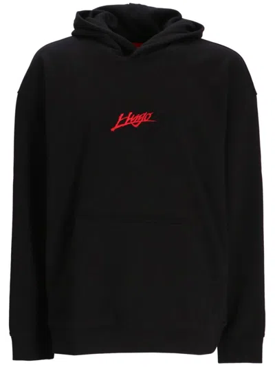 Hugo Boss Dlogolong Cotton Logo Embroidered Relaxed Fit Hoodie In Black 001