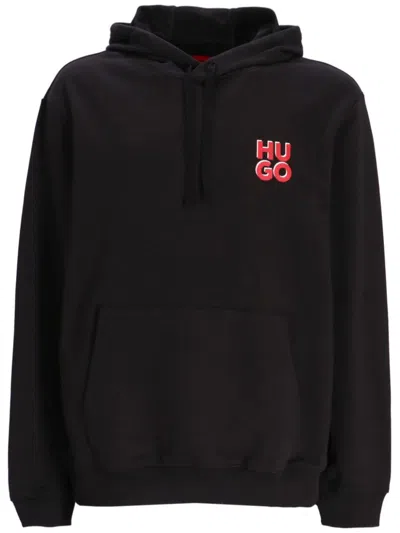 Hugo Boss Cotton-terry Hoodie With Stacked Logo Print In 黑色