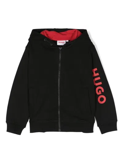 Hugo Boss Kids' Logo-print Hooded Cardigan In Black
