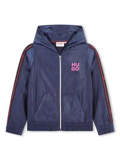 Hugo Boss Kids' Logo-print Velvet Hoodie In Blue