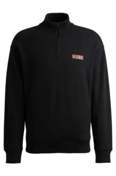 Hugo Logo-print Zip-neck Sweatshirt In Cotton Terry In Black