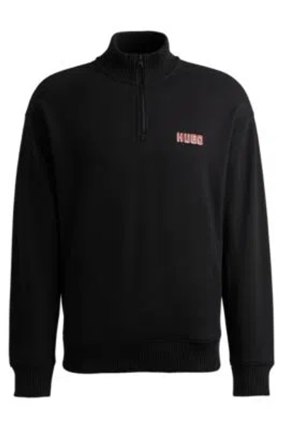 Hugo Boss Logo-print Zip-neck Sweatshirt In Cotton Terry In Black