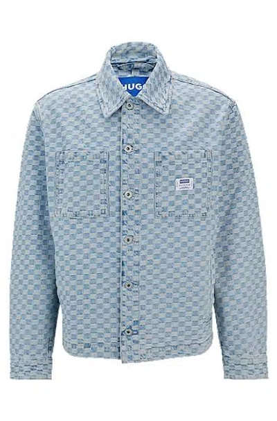 Hugo Boss Logo-trim Jacket In Checkerboard Denim In Light/pastel Blue