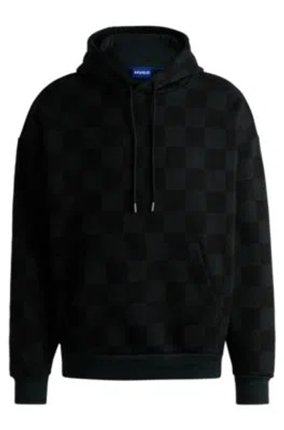 Hugo Loose-fit Hoodie In Cotton Terry With Checkerboard Print In Black