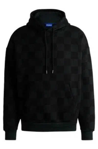 Hugo Boss Loose-fit Hoodie In Cotton Terry With Checkerboard Print In Black