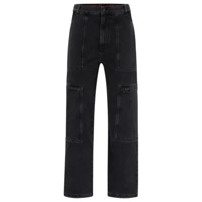 Hugo Loose-fit Jeans In Black Denim With Adjustable Hems