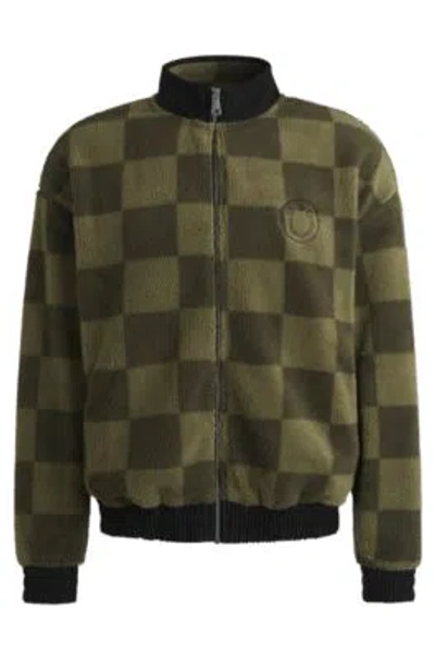 Hugo Boss Loose-fit Zip-up Sweatshirt In Checkerboard Fleece In Light Green