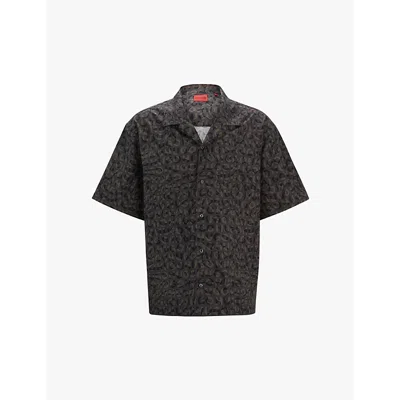 HUGO BOSS MENS BLACK LOGO-PRINT SHORT-SLEEVE COTTON SHIRT