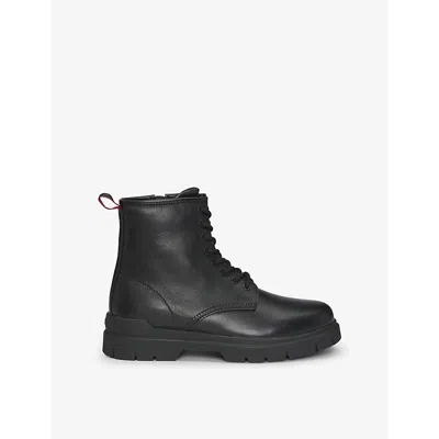 Hugo Boss Mens Black Embossed-logo Leather Ankle Boots Eur 45 / 11 Uk