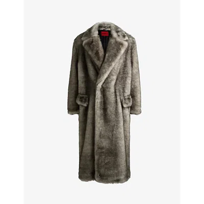Hugo Boss Mens Medium Grey Double-breasted Faux-fur Coat