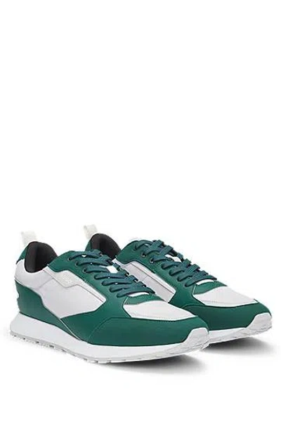 Hugo Boss Mixed-material Trainers With Branded Accents In Green