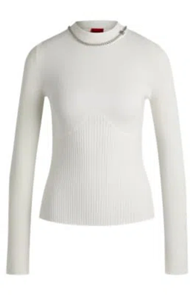 Hugo Boss Mock-neck Sweater With Chain Collar Trim In White