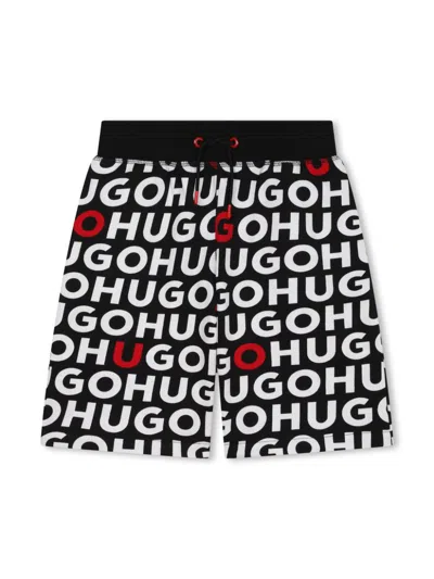 Hugo Kids' Monogram-print Drawstring Bermuda Shorts In Black