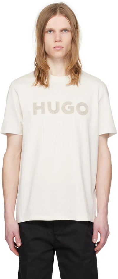 Hugo Off-white Embroidered T-shirt In 121-open White