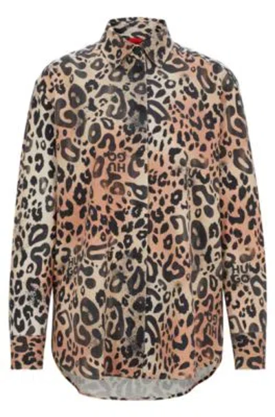 Hugo Oversize-fit Blouse In Leopard-print Twill In Brown