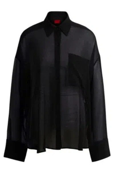 Hugo Oversize-fit Blouse In Sheer Seersucker With Point Collar In Black