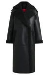 Hugo Boss Oversize-fit Faux-leather Coat With Faux-fur Trims In Black