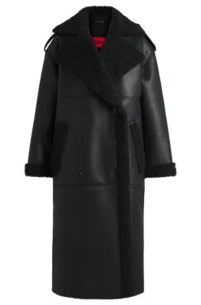 Hugo Boss Oversize-fit Faux-leather Coat With Faux-fur Trims In Black