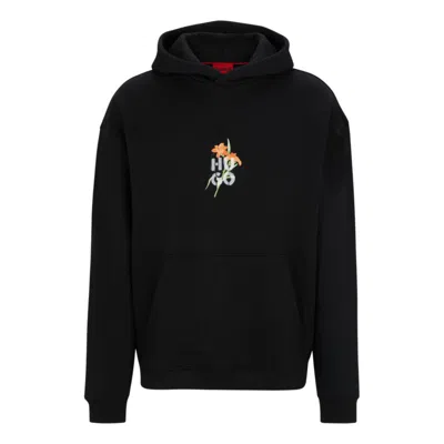 Hugo Boss Oversize-fit Hoodie With Floral Artwork In Black