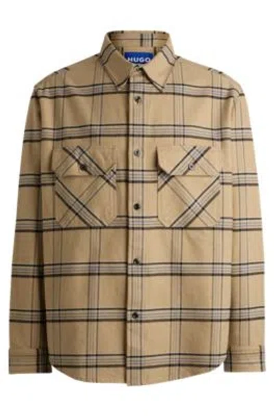 Hugo Boss Oversize-fit Shirt In Checked Cotton Twill In Beige