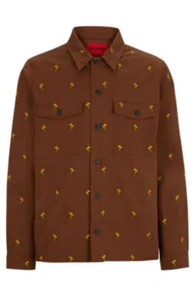 Hugo Boss Oversize-fit Shirt In Floral-embroidered Twill In Brown