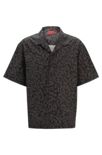 Hugo Oversize-fit Shirt In Seasonal-print Cotton Poplin In Black