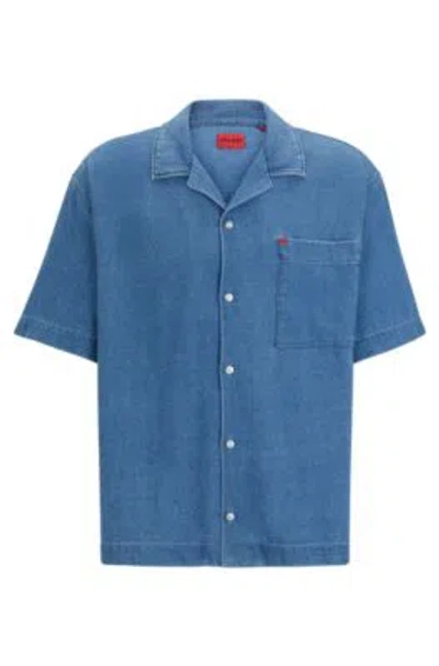 Hugo Oversize-fit Short-sleeved Shirt In Blue Cotton Denim In Light Blue