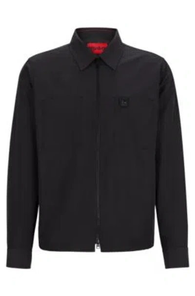 Hugo Oversize-fit Zip-up Shirt With Stacked Logo Trim In Black