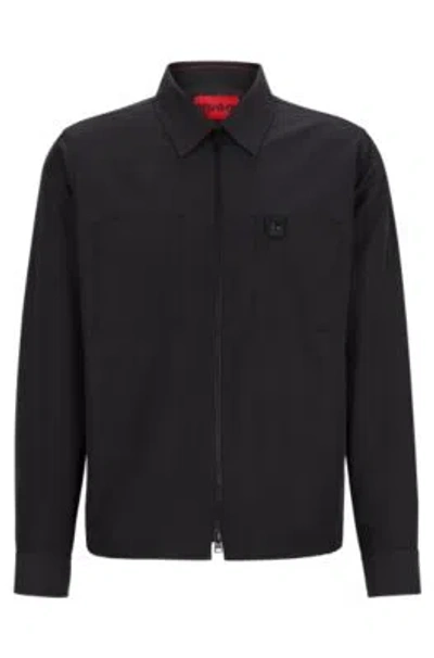 Hugo Boss Oversize-fit Zip-up Shirt With Stacked Logo Trim In Black