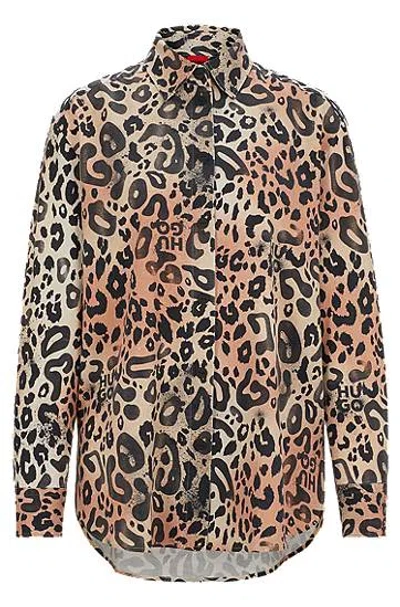Hugo Boss Oversized-fit Blouse In Leopard-print Twill In Brown