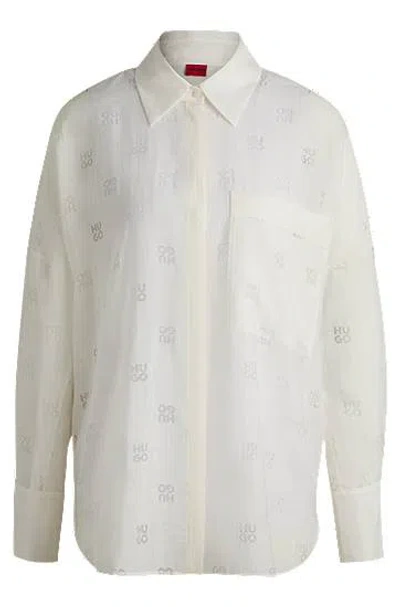 Hugo Boss Oversized-fit Blouse With Burnout Logo Print In Natural