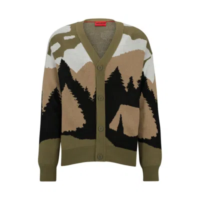 Hugo Boss Oversized-fit Cardigan With Camping-inspired Artwork In Light Green