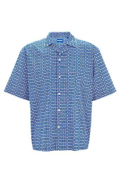 Hugo Boss Oversized-fit Shirt With Signature Print In Blue