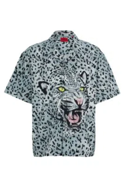 Hugo Boss Oversized Short-sleeved Shirt In Animal-print Cotton In Light Grey