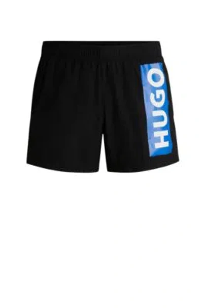 Hugo Partially Lined Quick-dry Swim Shorts With Vertical Logo In Black