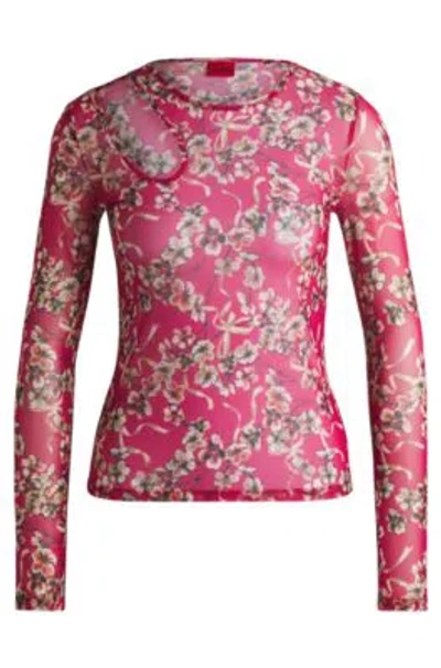 Hugo Boss Houndstooth Mesh Top With Cut-out Neckline In Patterned