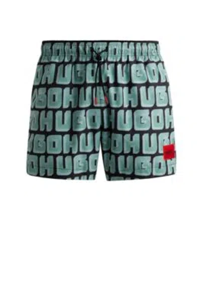 Hugo Quick-dry Swim Shorts With All-over Logo Print In Light Green