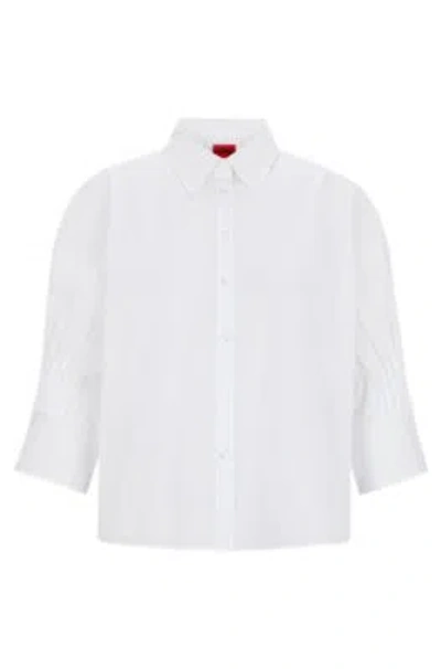 Hugo Regular-fit Blouse In Cotton Poplin With Pleated Sleeves In White